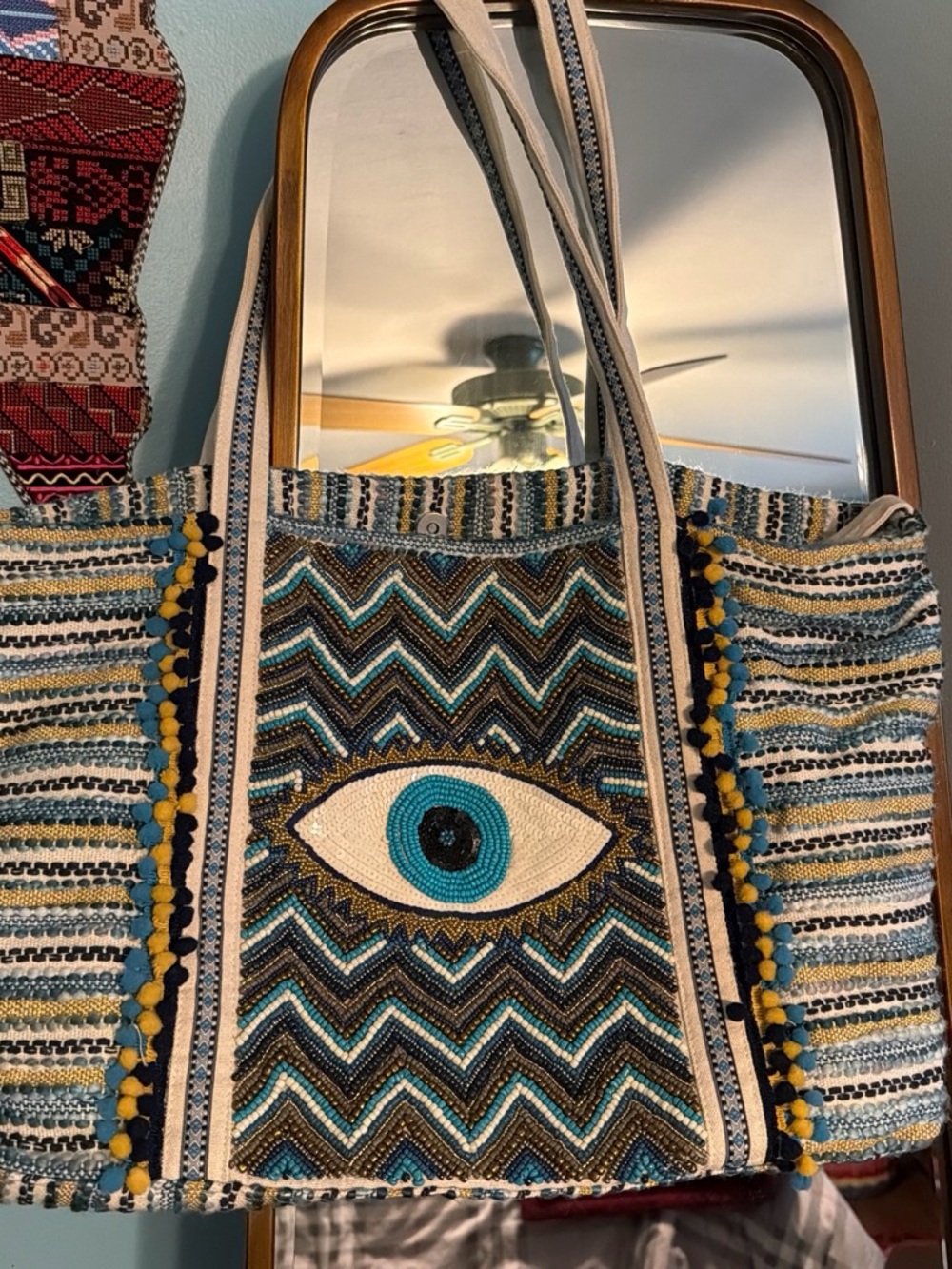 Boho Beaded Eye Tote in Teal and Navy